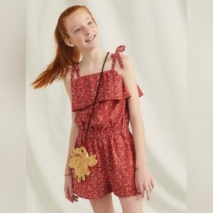 Tea Collection Girls Tie Shoulder Ruffle Light Red Floral Romper